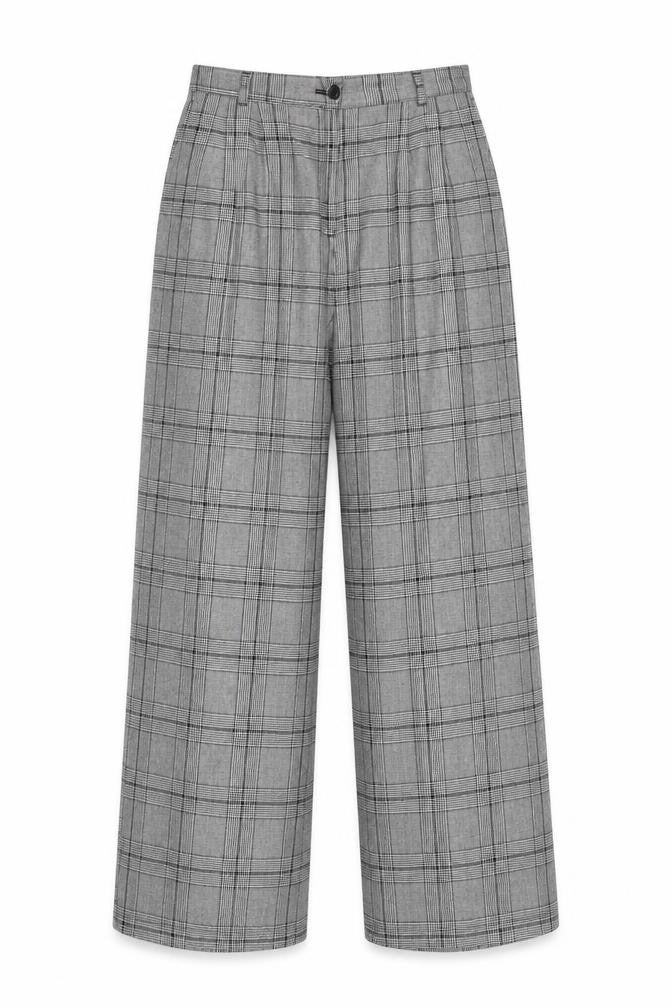 Front view of Pop England women’s grey check wide-leg pleated trousers, size UK 4