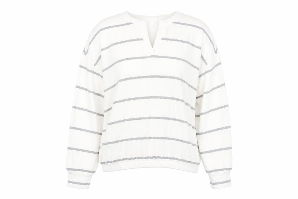 Front view of Next Women’s White Striped V-Neck jumper, size M