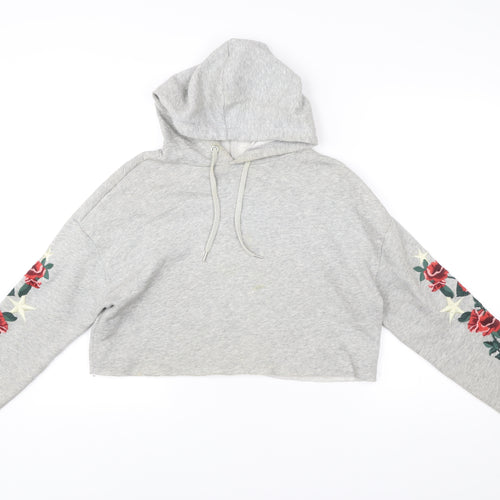 H&M Women’s Grey Pullover Hoodie S Embroidered Floral Casual