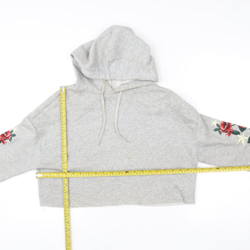 H&M Women’s Grey Pullover Hoodie S Embroidered Floral Casual