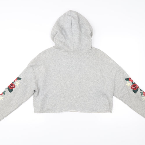 H&M Women’s Grey Pullover Hoodie S Embroidered Floral Casual
