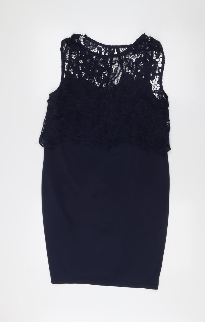 Club L Women’s Blue Lace Sheath Dress Size 12 Sleeveless Knee Length