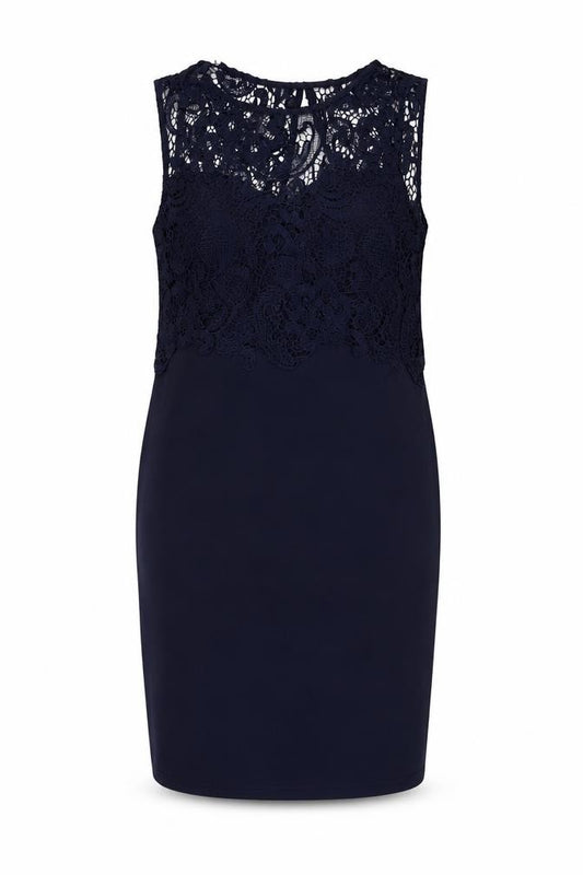 Front view of Club L Women’s Blue Lace Sheath Dress, size UK 12, Sleeveless Knee Length