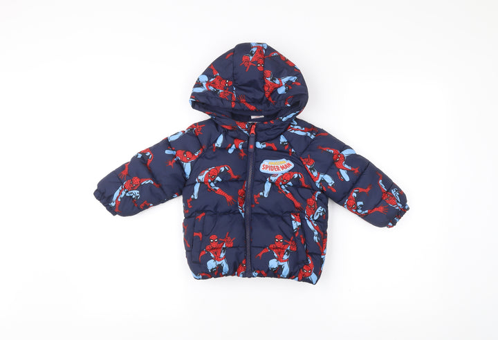 Marvel Spider-Man Boys Blue Puffer Jacket Coat 12-18M Hooded Winter