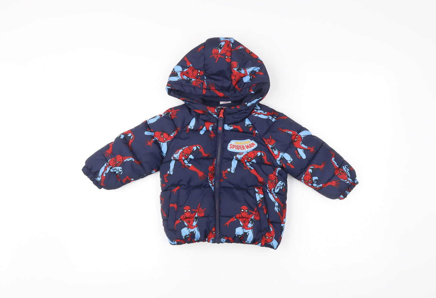 Marvel Spider-Man Boys Blue Puffer Jacket Coat 12-18M Hooded Winter