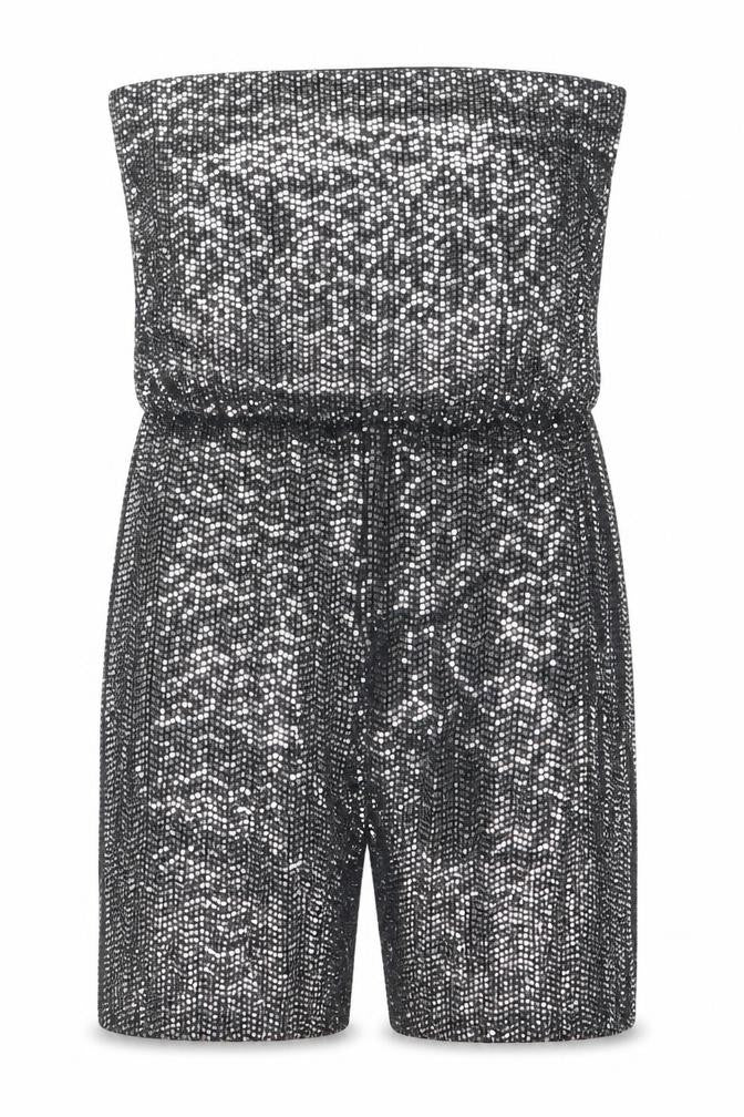 Front view of New Look women’s black sequin strapless slim fit playsuit, size UK 6