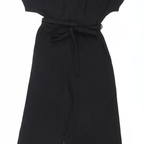 New Look Women Black Jumpsuit Size 6 Wide-Leg V-Neck Belted