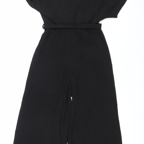 New Look Women Black Jumpsuit Size 6 Wide-Leg V-Neck Belted