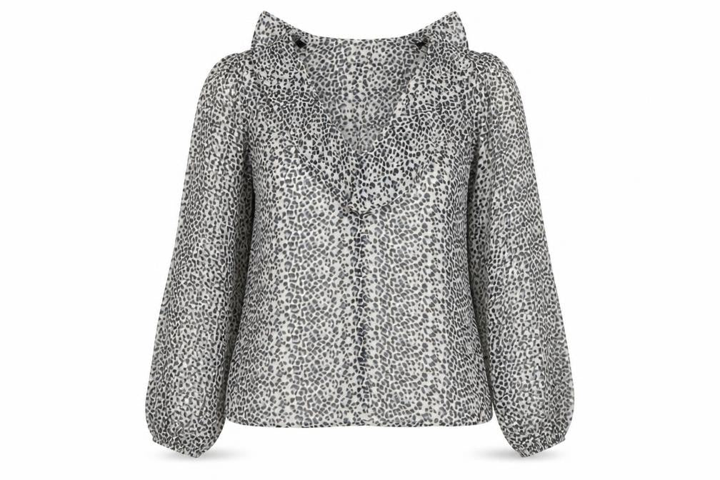 Front view of New Look women’s black animal print chiffon blouse, size UK 6