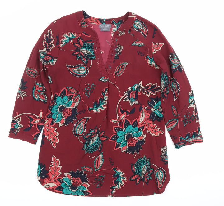 Van Heusen Womens Red Floral Tunic Blouse 2XS V-Neck 3/4 Sleeve