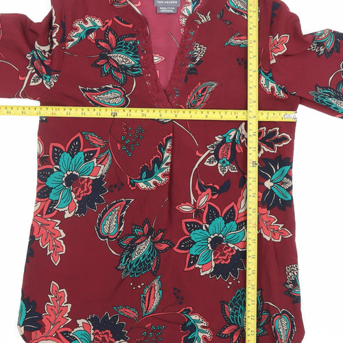 Van Heusen Womens Red Floral Tunic Blouse 2XS V-Neck 3/4 Sleeve