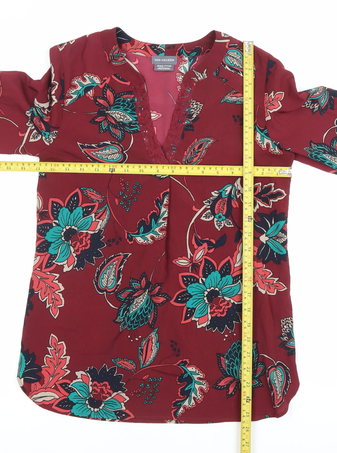Van Heusen Womens Red Floral Tunic Blouse 2XS V-Neck 3/4 Sleeve