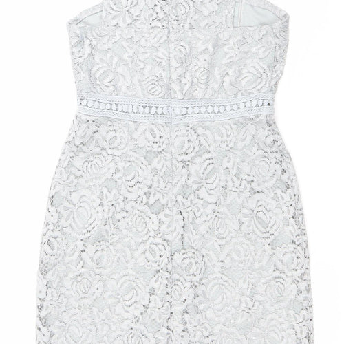 Boohoo Women Grey Lace Skater Dress Size 6 High Neck Sleeveless Party