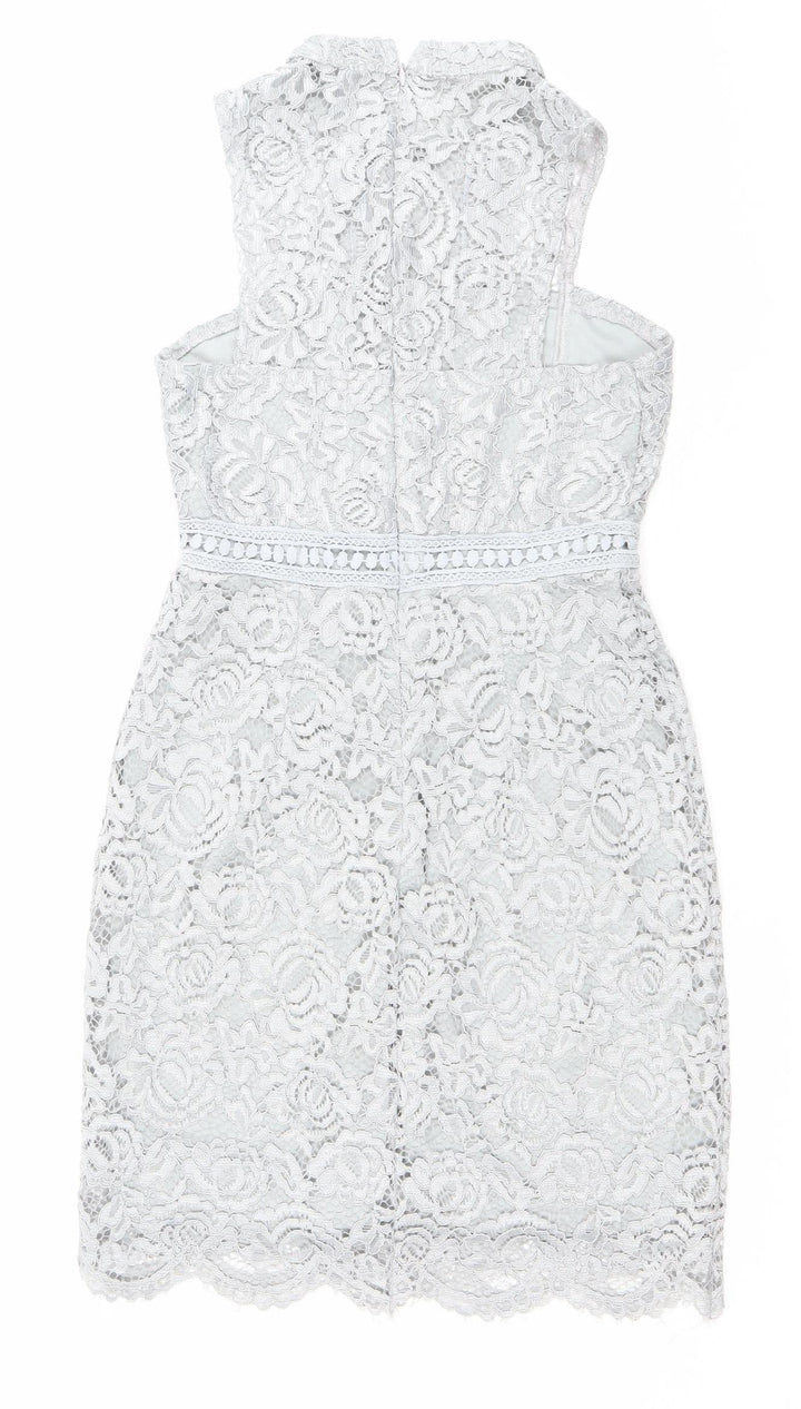 Boohoo Women Grey Lace Skater Dress Size 6 High Neck Sleeveless Party