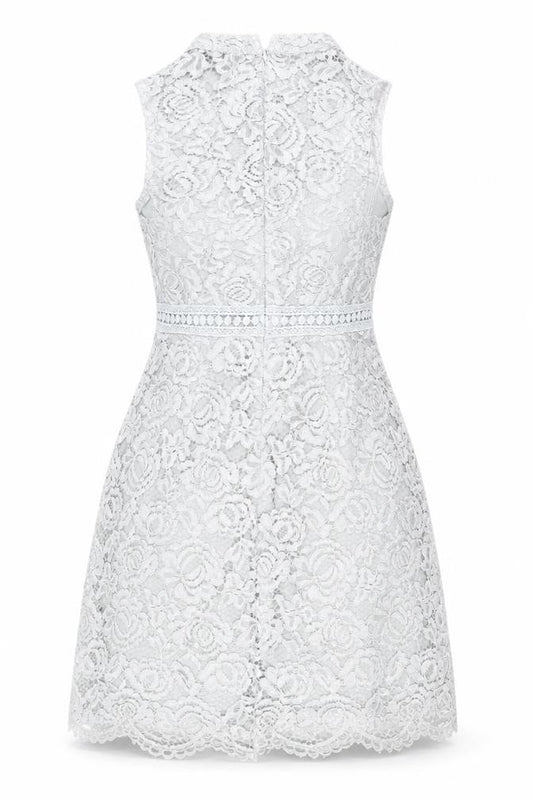 Front view of Boohoo Women Grey Lace Skater Dress, size 6, High Neck Sleeveless Party
