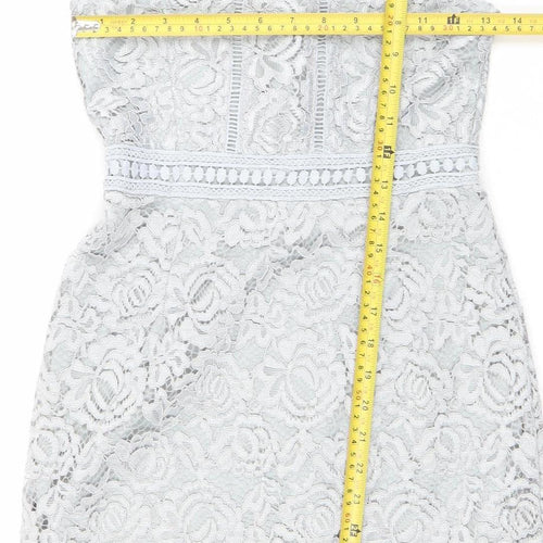 Boohoo Women Grey Lace Skater Dress Size 6 High Neck Sleeveless Party