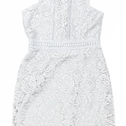 Boohoo Women Grey Lace Skater Dress Size 6 High Neck Sleeveless Party