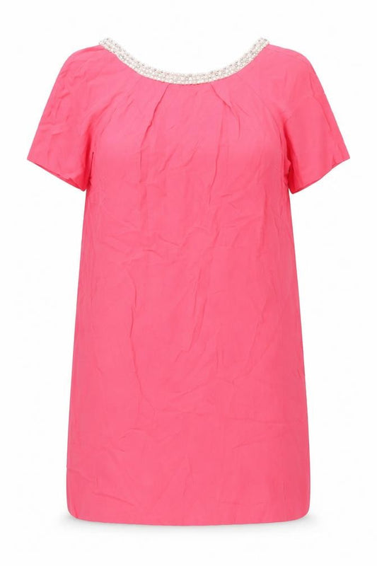 Front view of Monsoon Women's Pink Beaded Neck Short Sleeve Shift Dress, size 14