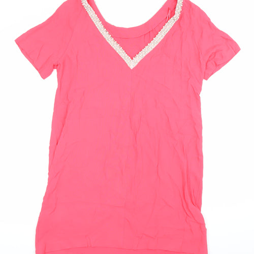 Monsoon Women's Pink Beaded Neck Short Sleeve Shift Dress Size 14