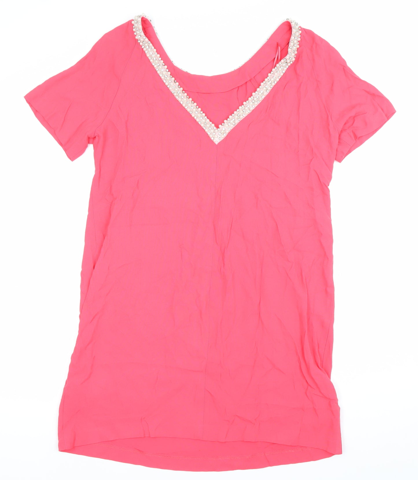 Monsoon Women's Pink Beaded Neck Short Sleeve Shift Dress Size 14