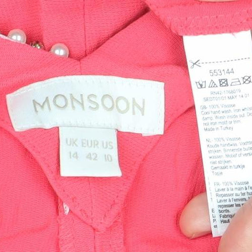 Monsoon Women's Pink Beaded Neck Short Sleeve Shift Dress Size 14