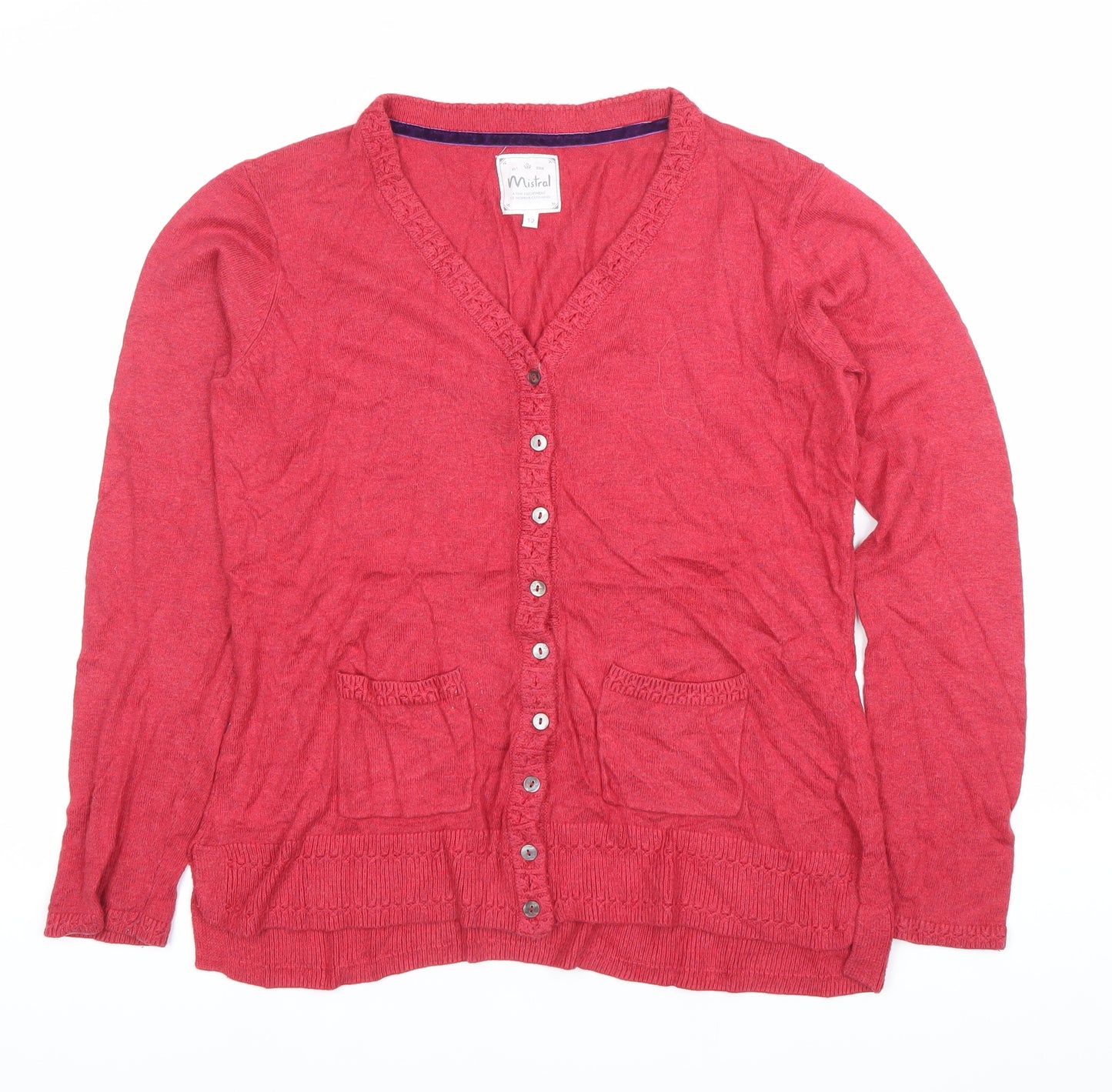 Mistral Womens Red Cardigan Size 12 V-Neck Knit Pockets