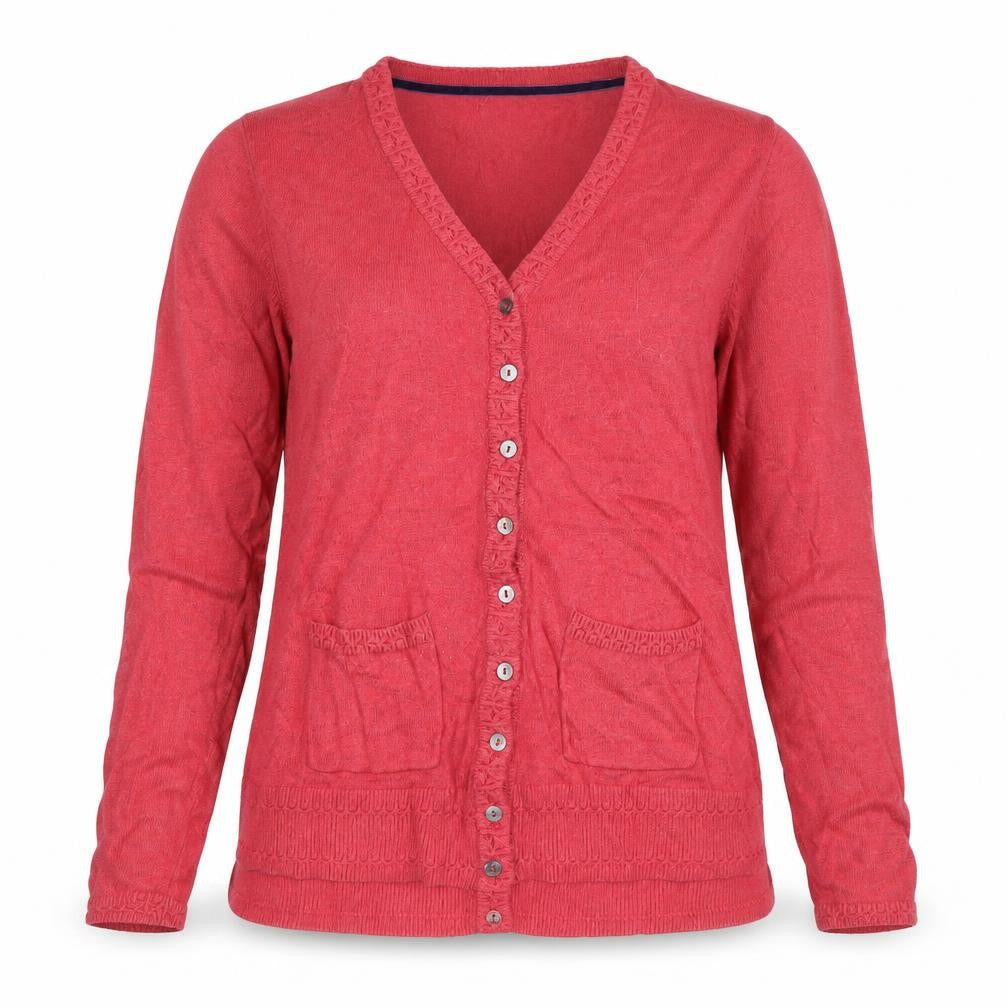 Front view of Mistral women’s red cardigan, size UK 12, v-neck knit pockets