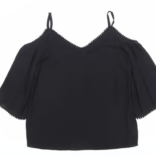 Wallis Women’s Black Cold Shoulder Blouse Size S V-Neck Chiffon