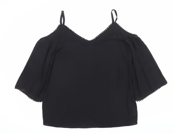Wallis Women’s Black Cold Shoulder Blouse Size S V-Neck Chiffon