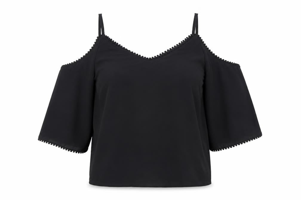 Front view of Wallis Women’s Black Cold Shoulder Blouse, size S, V-Neck Chiffon