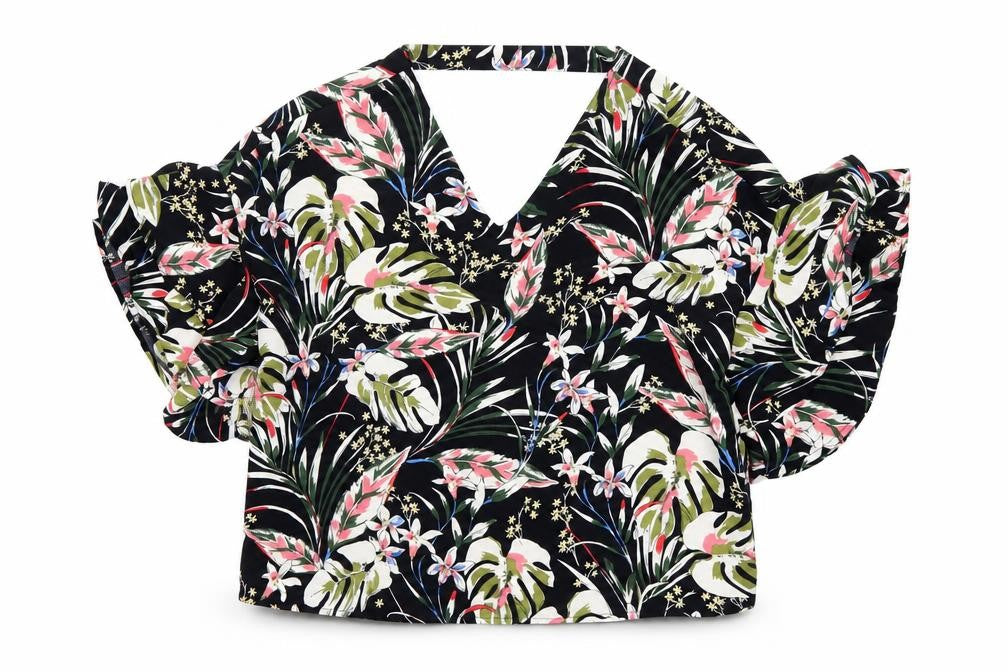 Front view of Blue Vanilla women’s multicoloured floral wrap ruffle blouse, size UK 10