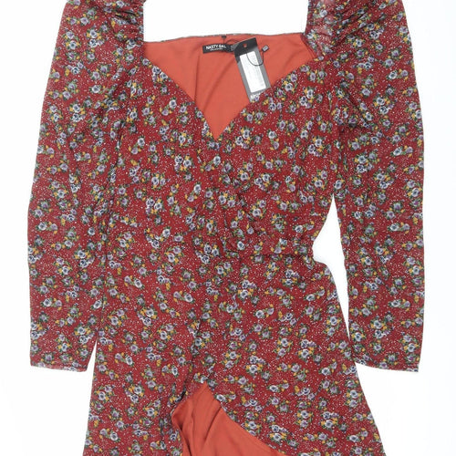 Nasty Gal Womens Red Floral Ruched Mini Bodycon Dress Size 12