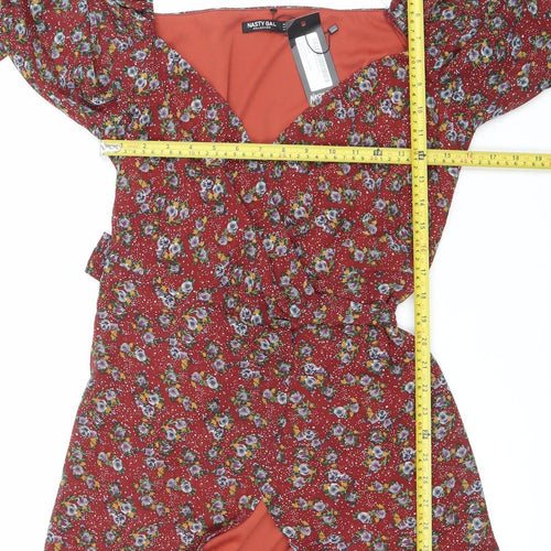 Nasty Gal Womens Red Floral Ruched Mini Bodycon Dress Size 12
