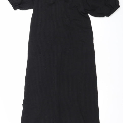 H&M Women Black XS Shift Puff Sleeve Tie Neck Knee Length Dress