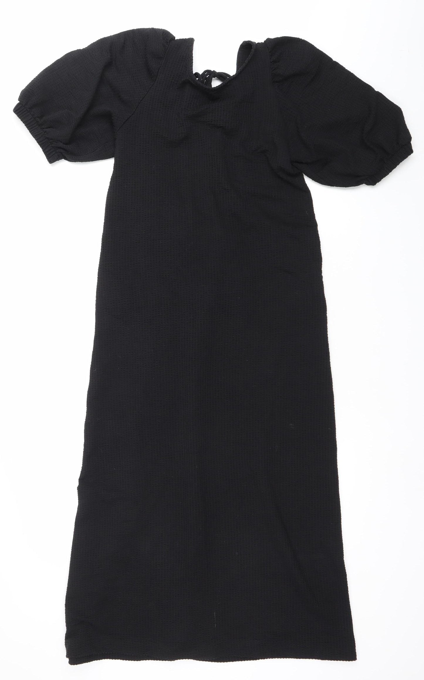 H&M Women Black XS Shift Puff Sleeve Tie Neck Knee Length Dress