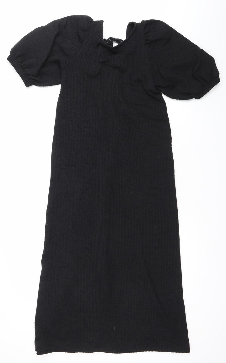H&M Women Black XS Shift Puff Sleeve Tie Neck Knee Length Dress