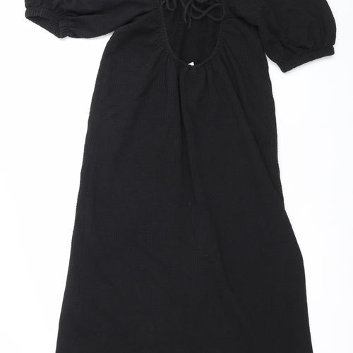 H&M Women Black XS Shift Puff Sleeve Tie Neck Knee Length Dress