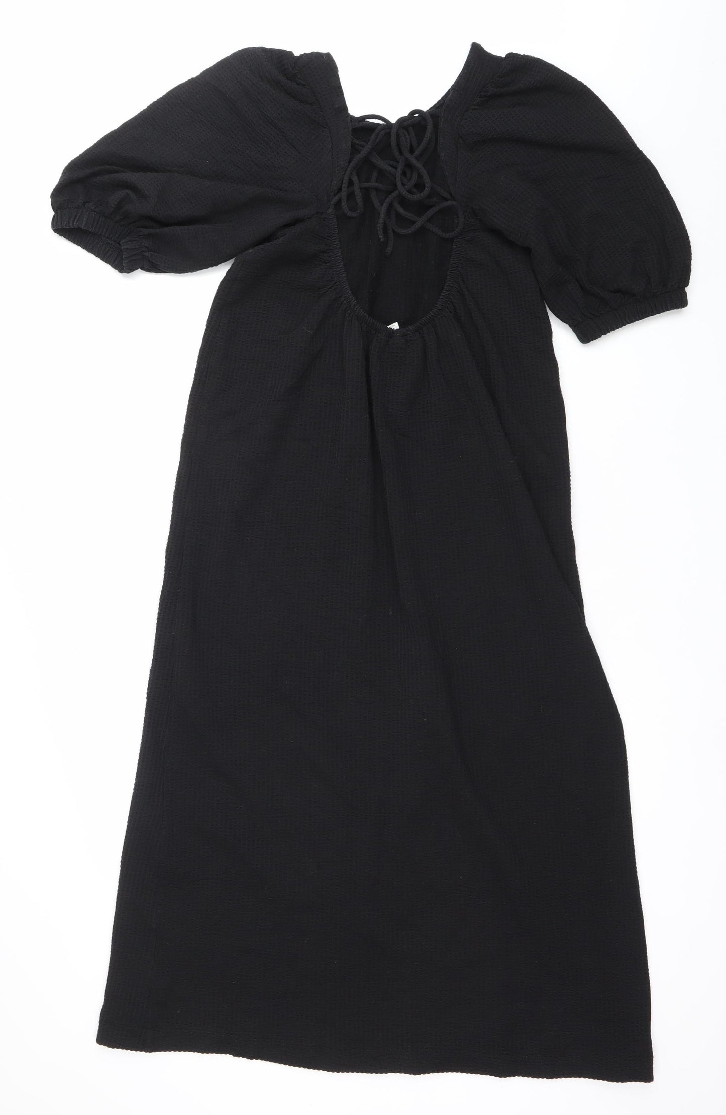 H&M Women Black XS Shift Puff Sleeve Tie Neck Knee Length Dress