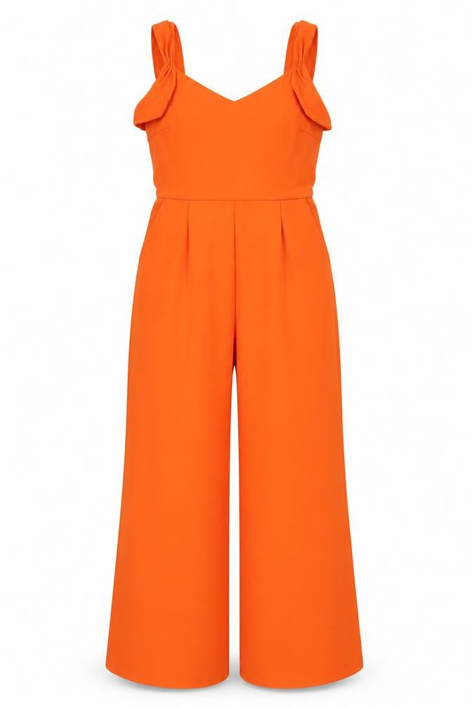 Front view of Mango women’s orange ruffle one shoulder wide-leg jumpsuit, size UK 8