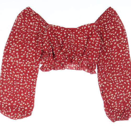 Calii Womens Red Floral Cropped Blouse Puff Sleeve Size 12