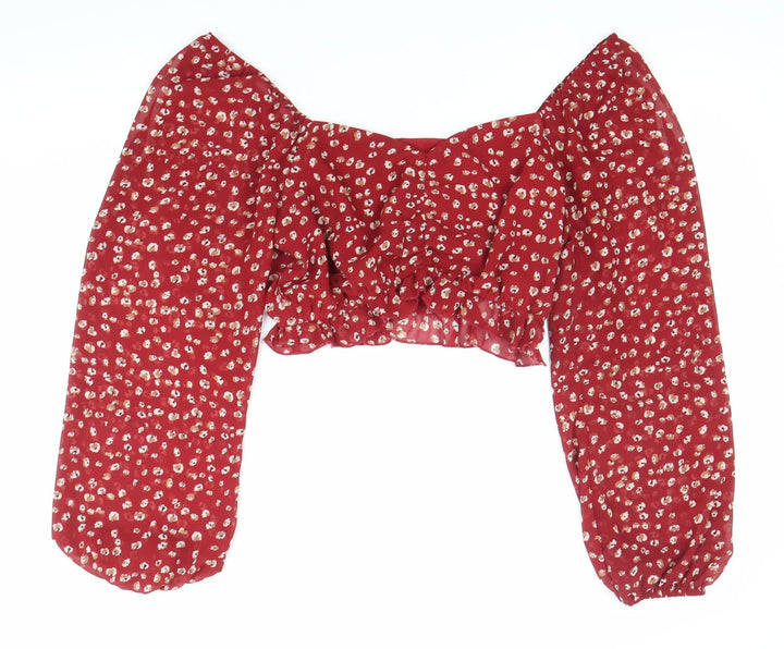 Calii Womens Red Floral Cropped Blouse Puff Sleeve Size 12