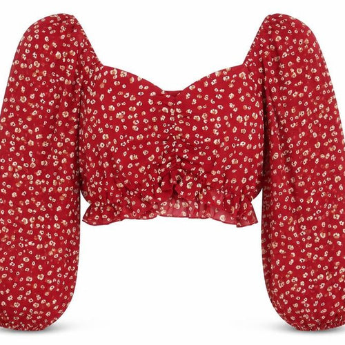 Calii Womens Red Floral Cropped Blouse Puff Sleeve Size 12