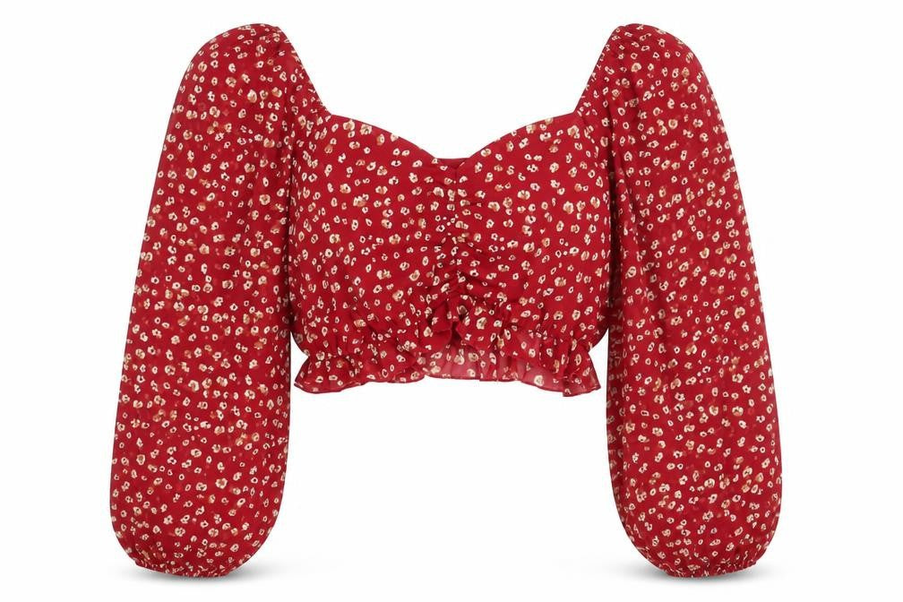 Calii Womens Red Floral Cropped Blouse Puff Sleeve Size 12