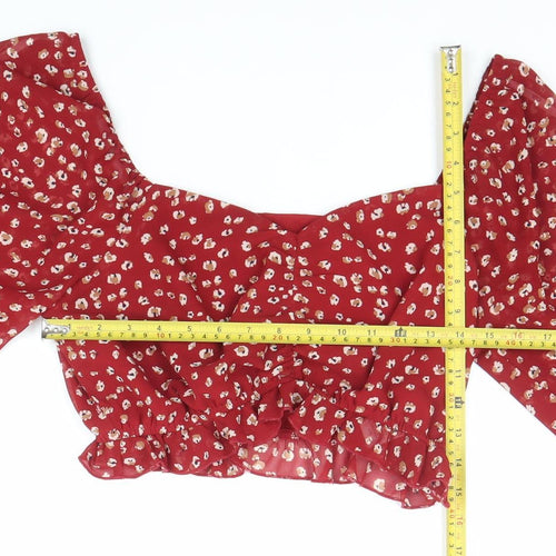 Calii Womens Red Floral Cropped Blouse Puff Sleeve Size 12