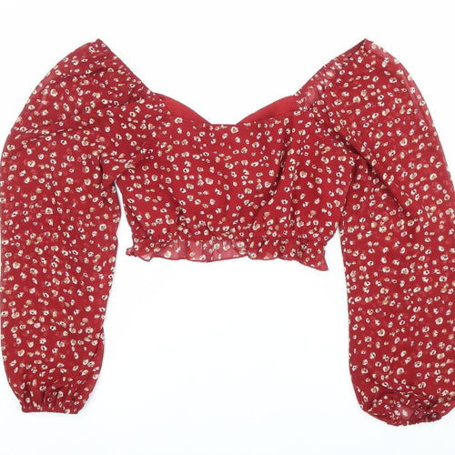 Calii Womens Red Floral Cropped Blouse Puff Sleeve Size 12