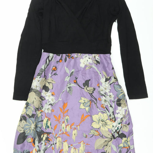 Fancymae Women’s Black Purple Floral A-Line Long Sleeve Silk Blend Dress S