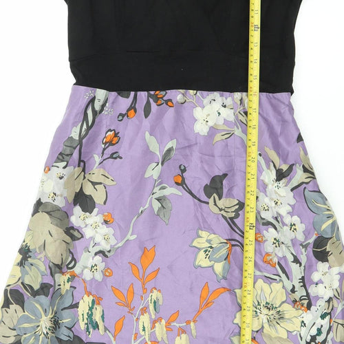 Fancymae Women’s Black Purple Floral A-Line Long Sleeve Silk Blend Dress S