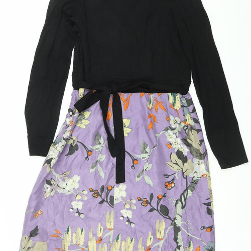 Fancymae Women’s Black Purple Floral A-Line Long Sleeve Silk Blend Dress S