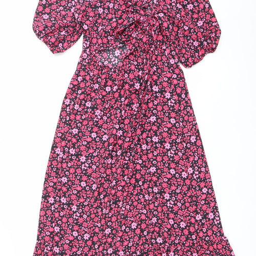 New Look Womens Pink Floral Wrap Midi Dress Size 10 Short Sleeve