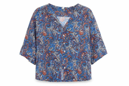 Front view of AND/OR Women’s Multicoloured Paisley Viscose Button-Up Blouse, size UK 12